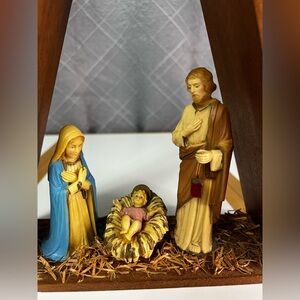 Nativity Scene Figurine Set with Blue and Yellow Accents